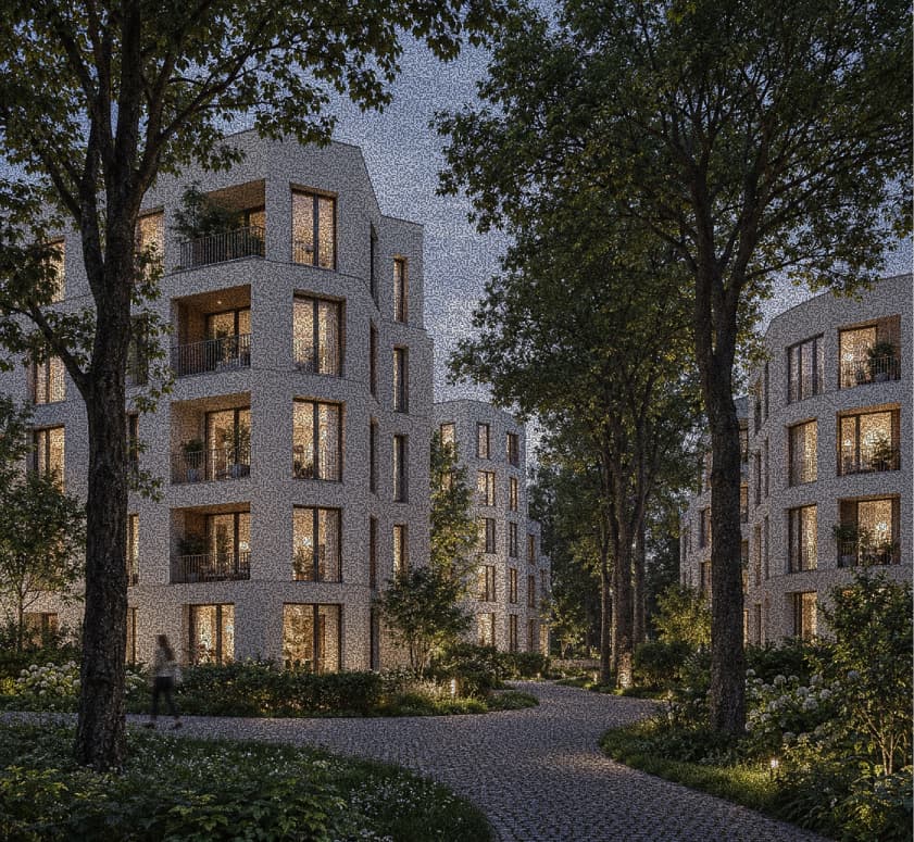Building facade at dusk